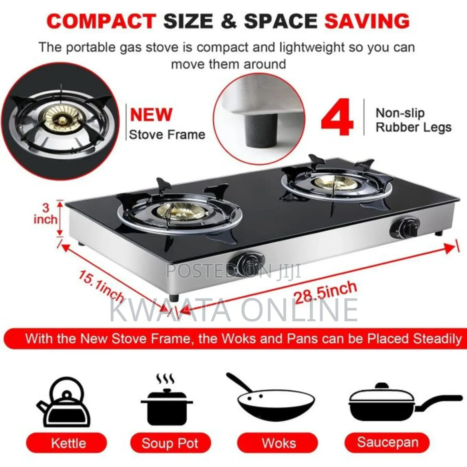 SPJ Double Burner Glass Gas Stove With Auto Ignition - Black