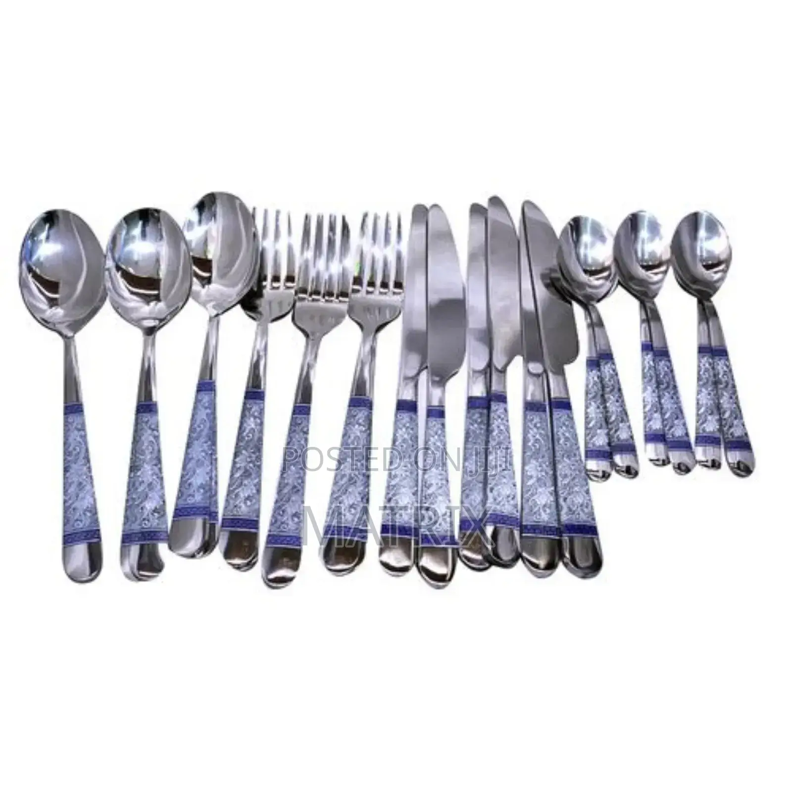 24 Piece Blue Flower Dinner Cutlery (Forks, Spoons Knives) – Silver