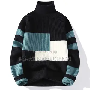 Pull Neck Black Sweater With Green and White Design