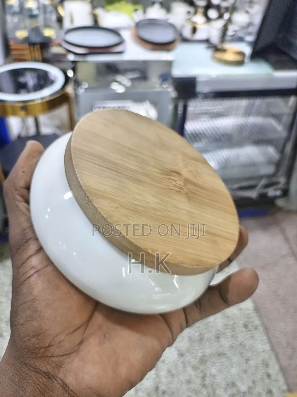 Ceramic Ashtray With a Wooden Base.