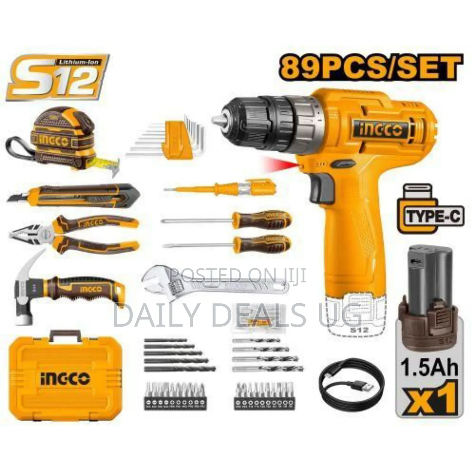 Ingco 12v Cordless Drill With 89-PCS Tool Bag