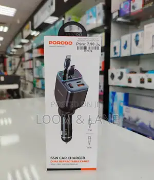 Porodo 65w Car Charger Dual Retractable Cable - Black