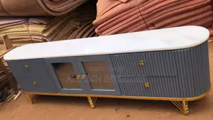 White and Grey Curved Tv Stand With Drawers and Glass Shatters