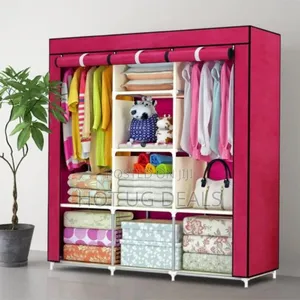 3 Column Metal Cloth Wardrobe(Not Assembled) With Stronger Pipes -pink