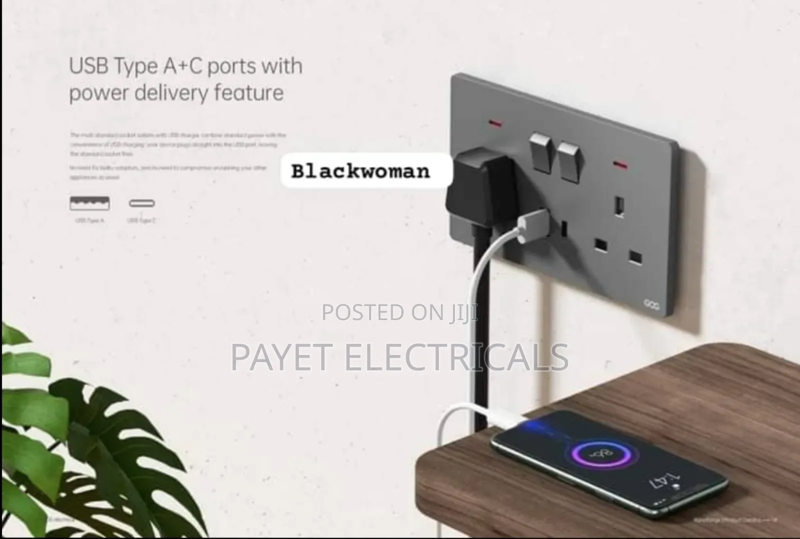 Usb Type A+C Port Double Socket for Black