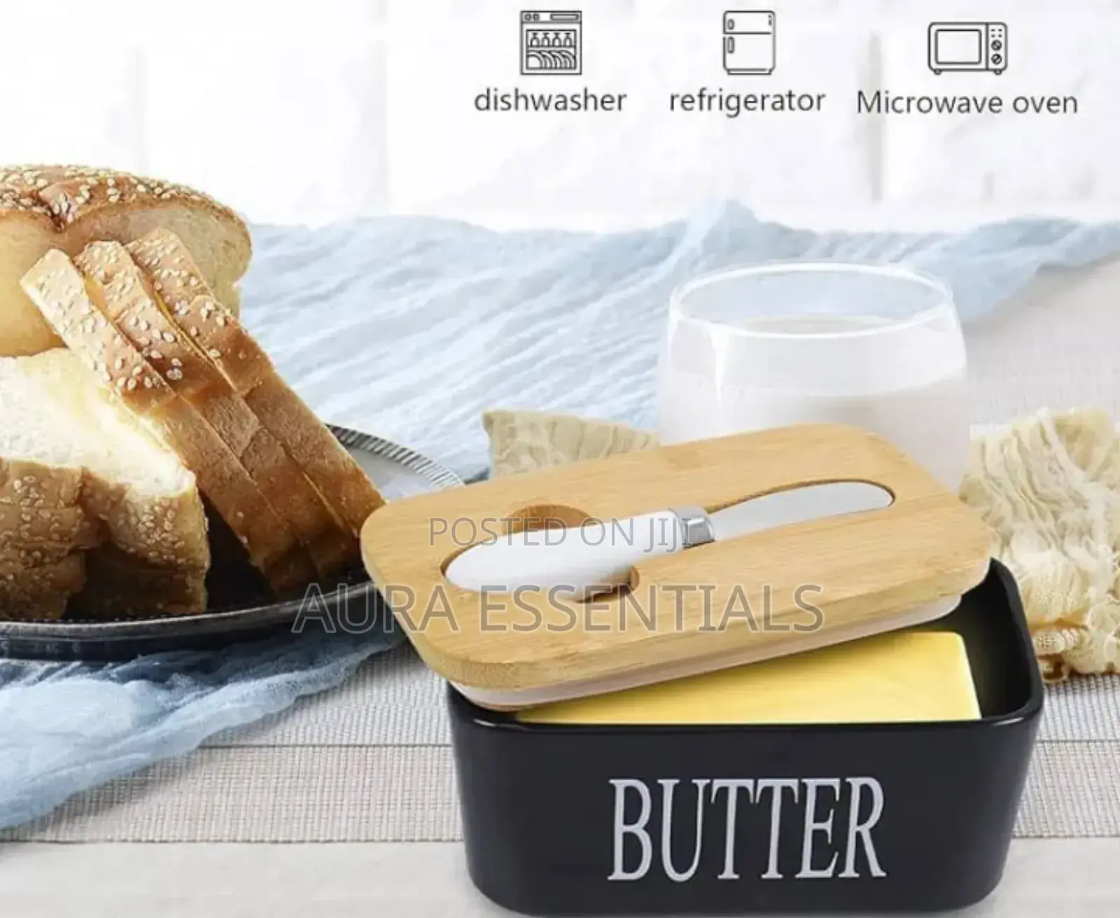 Black Ceramic Butter Dish With a Wooden Lid