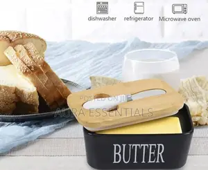 Black Ceramic Butter Dish With a Wooden Lid