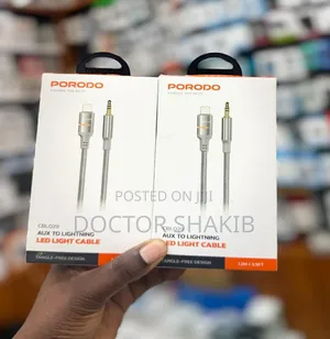 Quality Porodo Aux to Lightning Head Led Light Cable, 1.2m Length