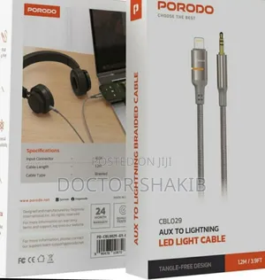 Quality Porodo Aux to Lightning Head Led Light Cable, 1.2m Length