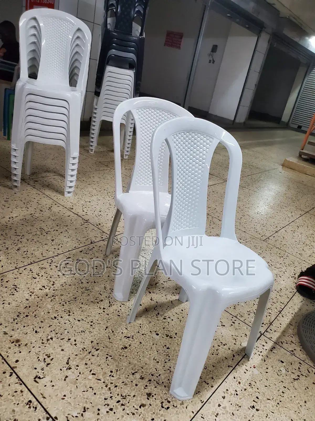 Armless Stackable White Plastic Chairs