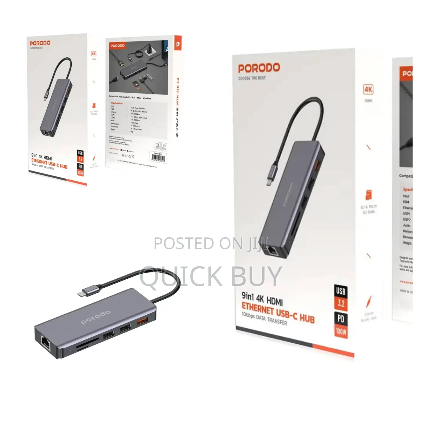 Porodo 9 in 1 Ethernet Usb -C Hub