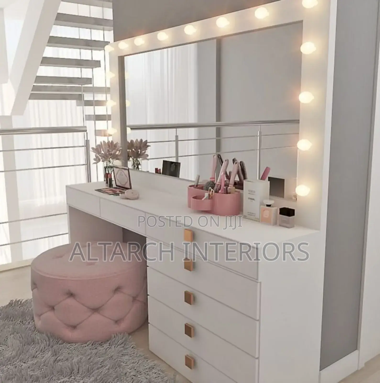 Modern White Dressing Mirror With Lights and a Seating Pouf