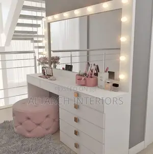 Modern White Dressing Mirror With Lights and a Seating Pouf