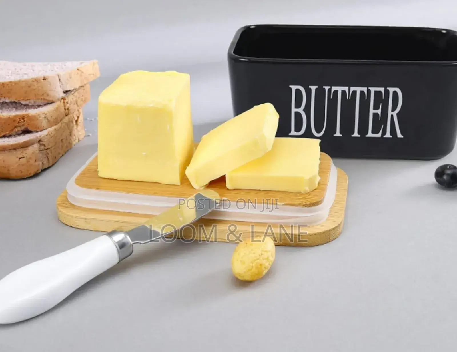 Black Ceramic Butter Dish With a Wooden Lid
