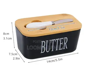 Black Ceramic Butter Dish With a Wooden Lid