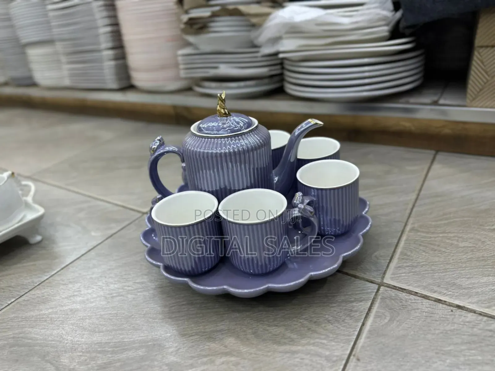 Rotating Tray,Cups, and Kettle Gold White