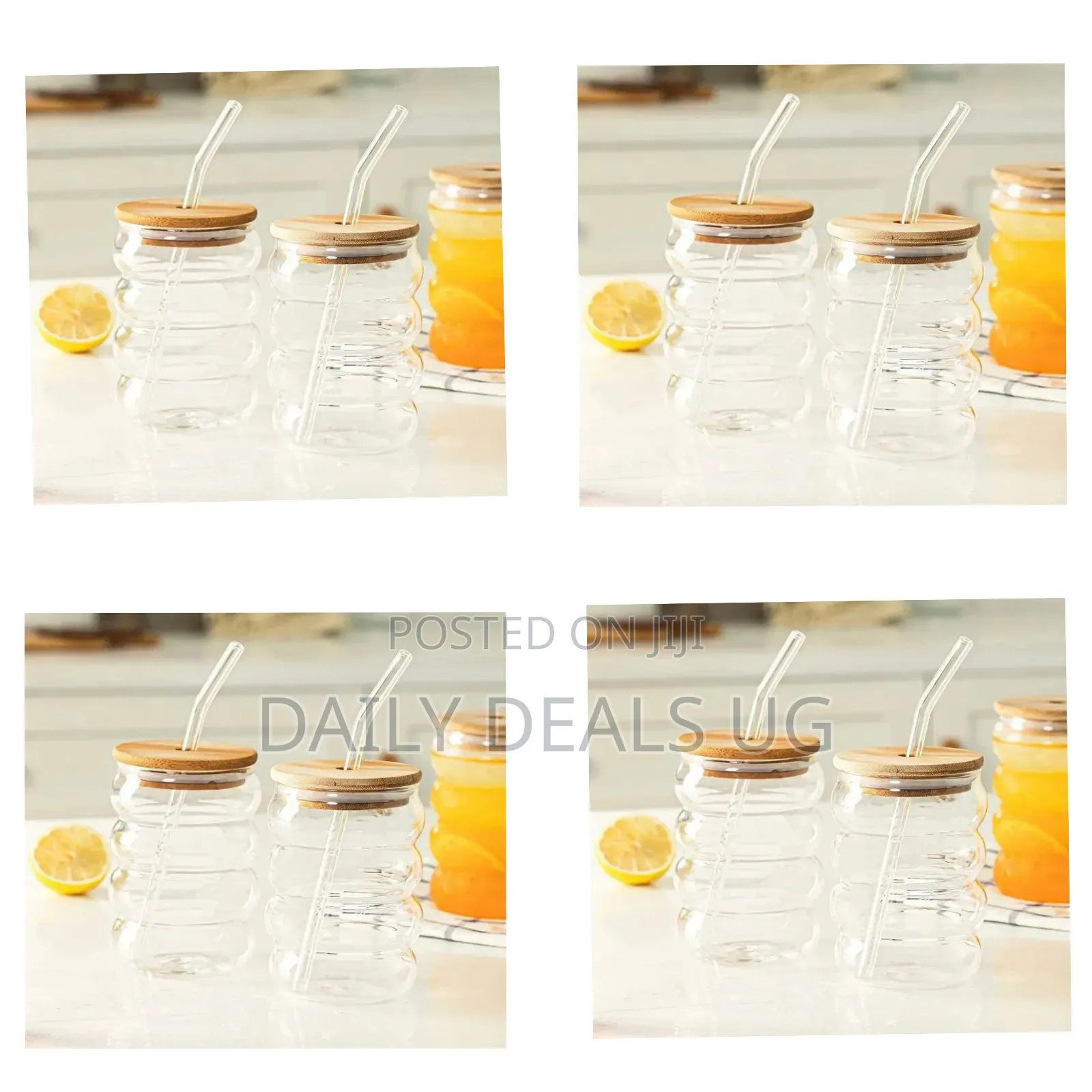 Glass Tumblers With Bamboo Lids and Grass Straws