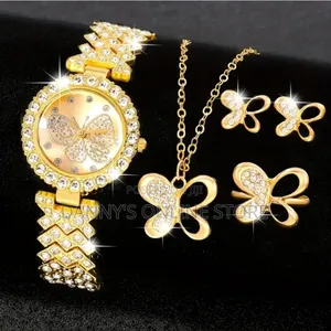 Ladies Watch 5pc Ladies Golden-Tone Full Rhinestone Quartz