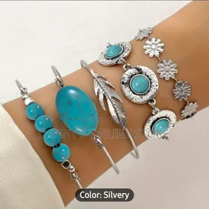 Bohemian Style Set of 5 Bracelets With Turquoise, Feather, and Vintage