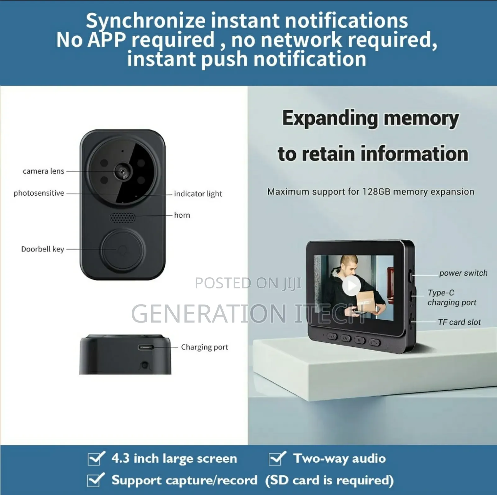 Wireless Video Door Bell - 2 Way Audio, Hd Video Recording