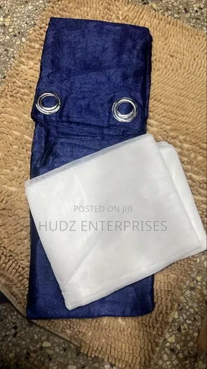 2 Curtains and 1 White Net Navy Blue