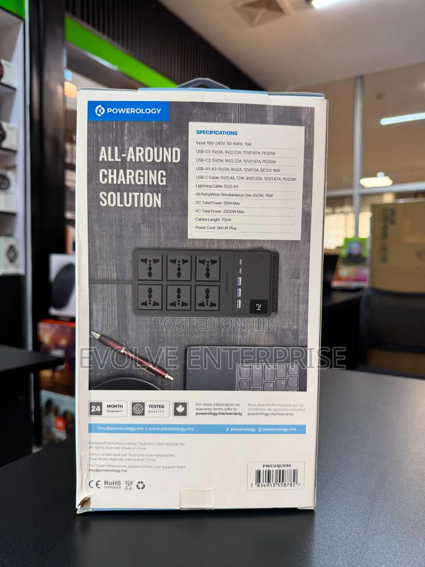 Powerology 2500w 6ac Power Strip With Retractable Cables