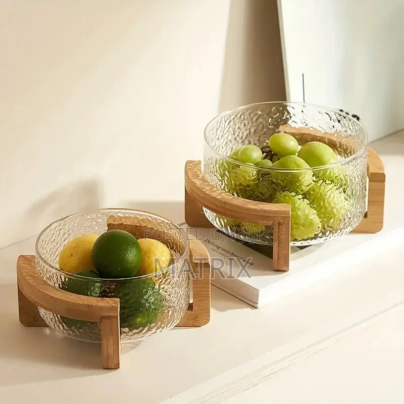2pcs Set Glass Fruit Bowl With Wooden Base for Snacks, Salads Gifts