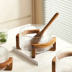 2pcs Set Glass Fruit Bowl With Wooden Base for Snacks, Salads Gifts
