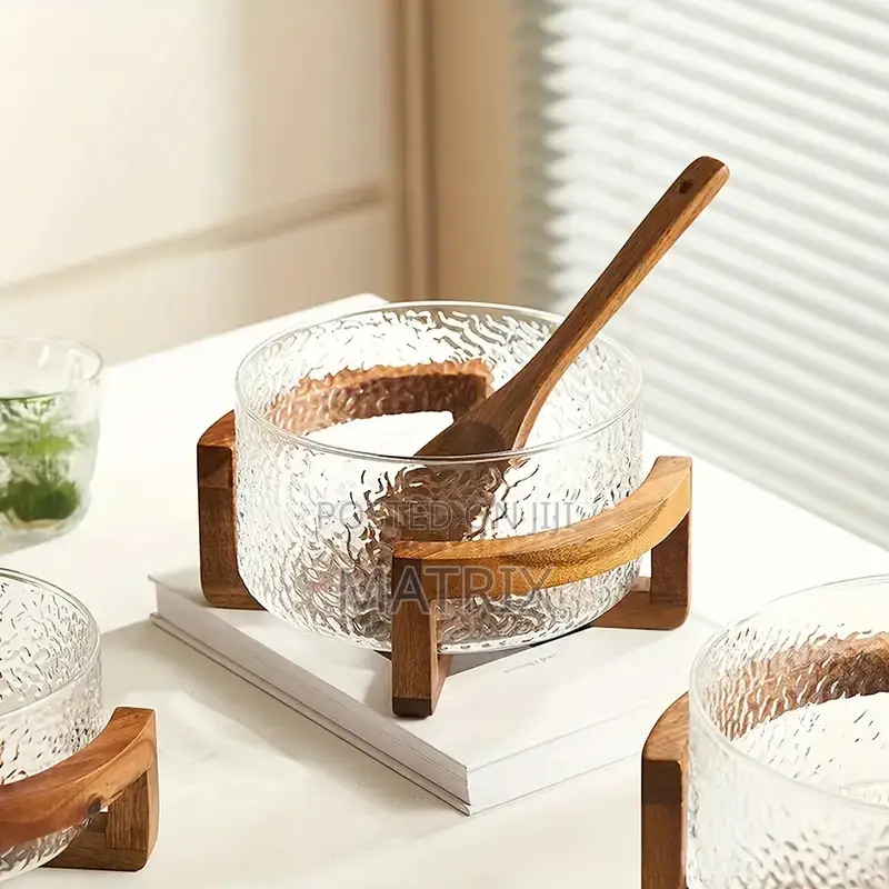 2pcs Set Glass Fruit Bowl With Wooden Base for Snacks, Salads Gifts