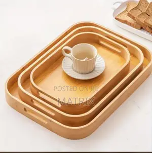 3 Pieces Set of Rectangular Bamboo Wooden Trays With Handles