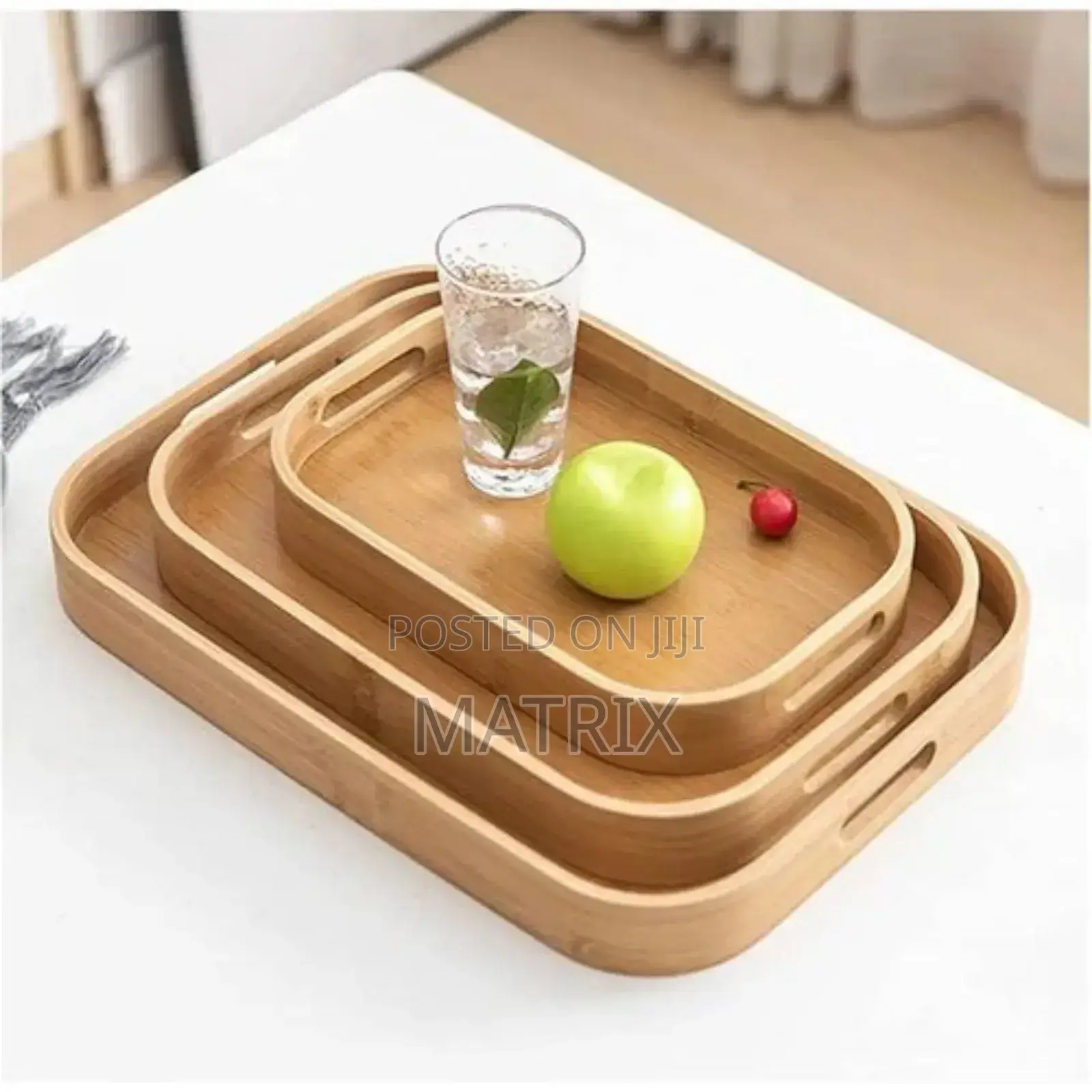 3 Pieces Set of Rectangular Bamboo Wooden Trays With Handles