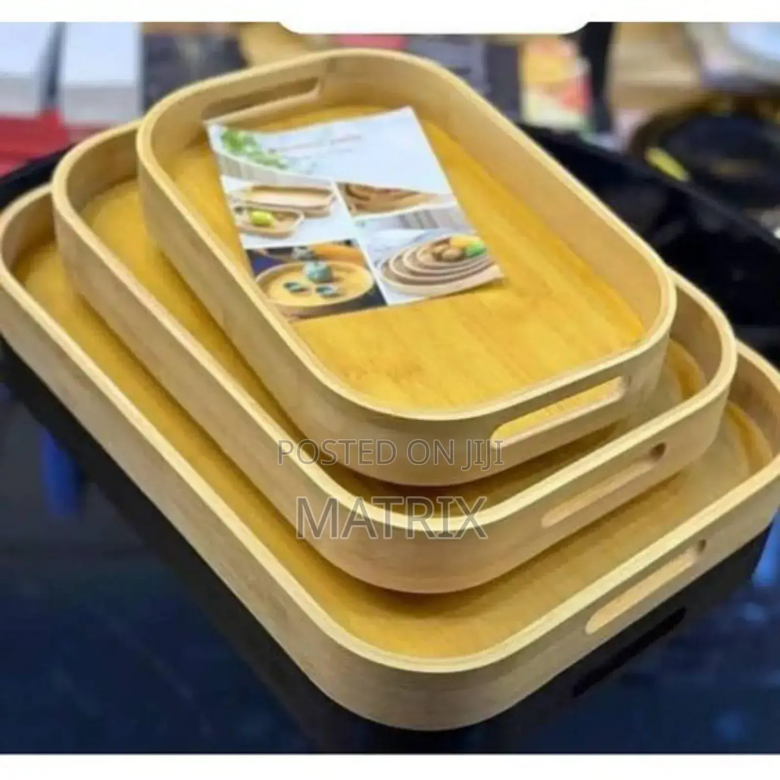 3 Pieces Set of Rectangular Bamboo Wooden Trays With Handles