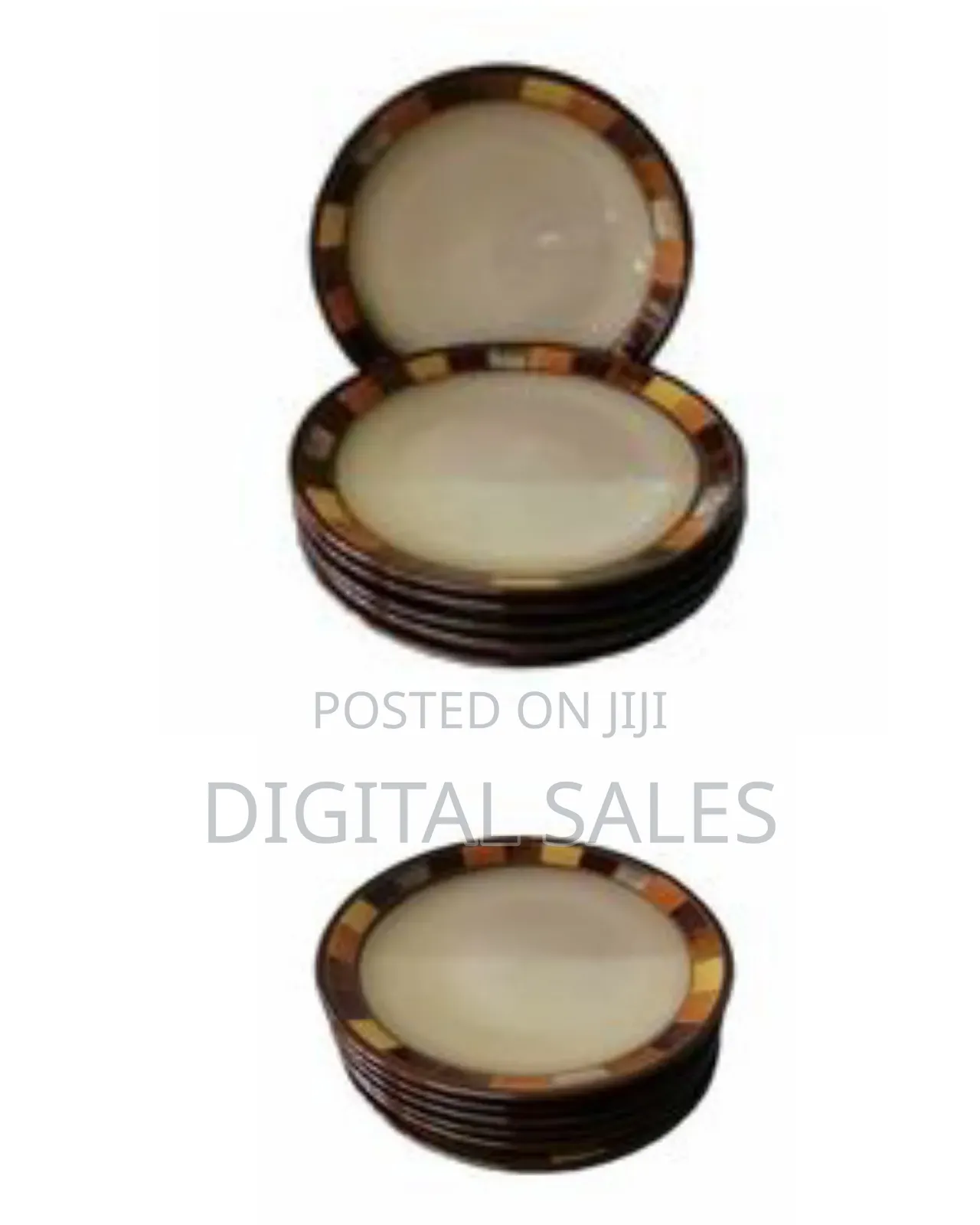 6 Pieces of Checked Food Serving Dinner Plates, Cream