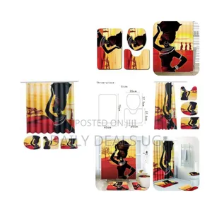 4 Piece African Girl Waterproof Shower Curtain With Toilet Cover Mats
