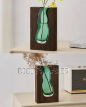 Green Glass Vase With Wood Frame, Modern Farmhouse Bohemian Pampas
