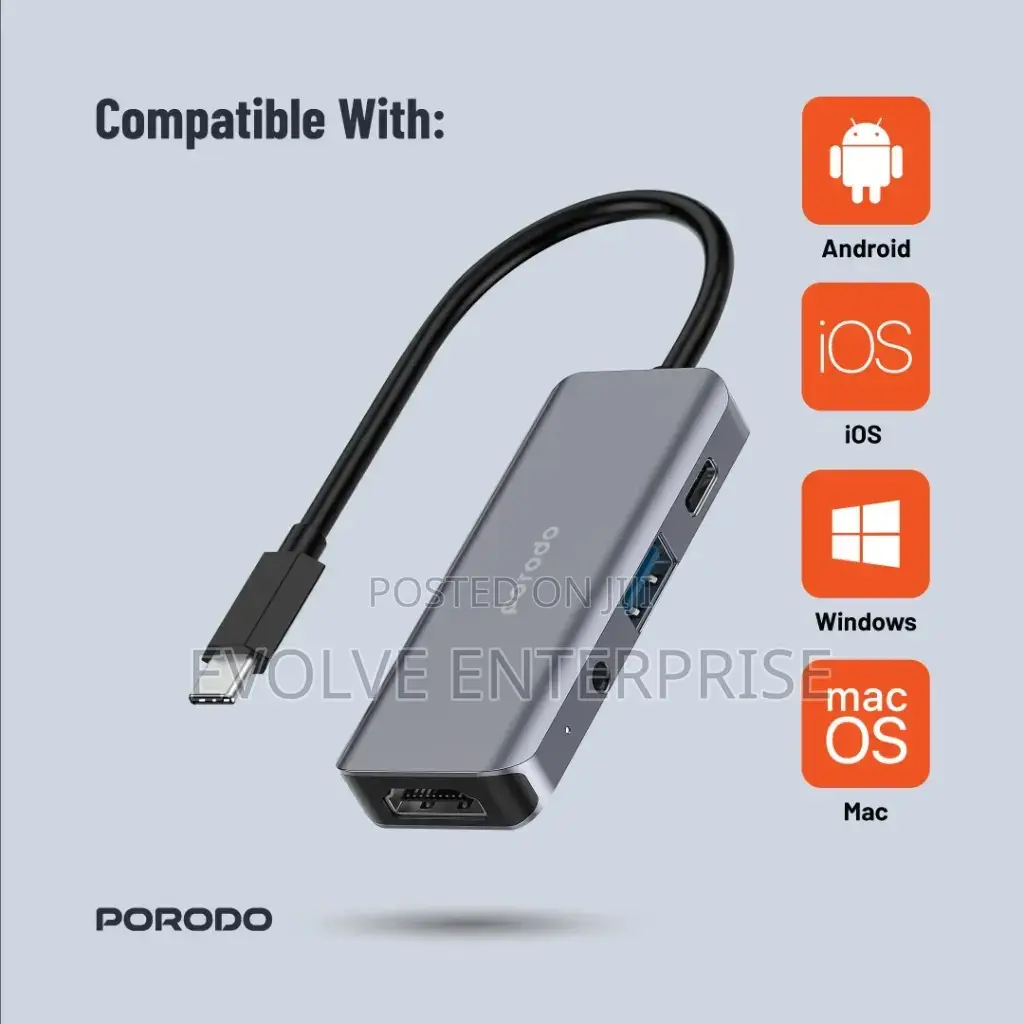 Porodo 4in1 Usb-C Hub Type-C Pd 100w Hdmi Usb 3.5mm Aux - Grey