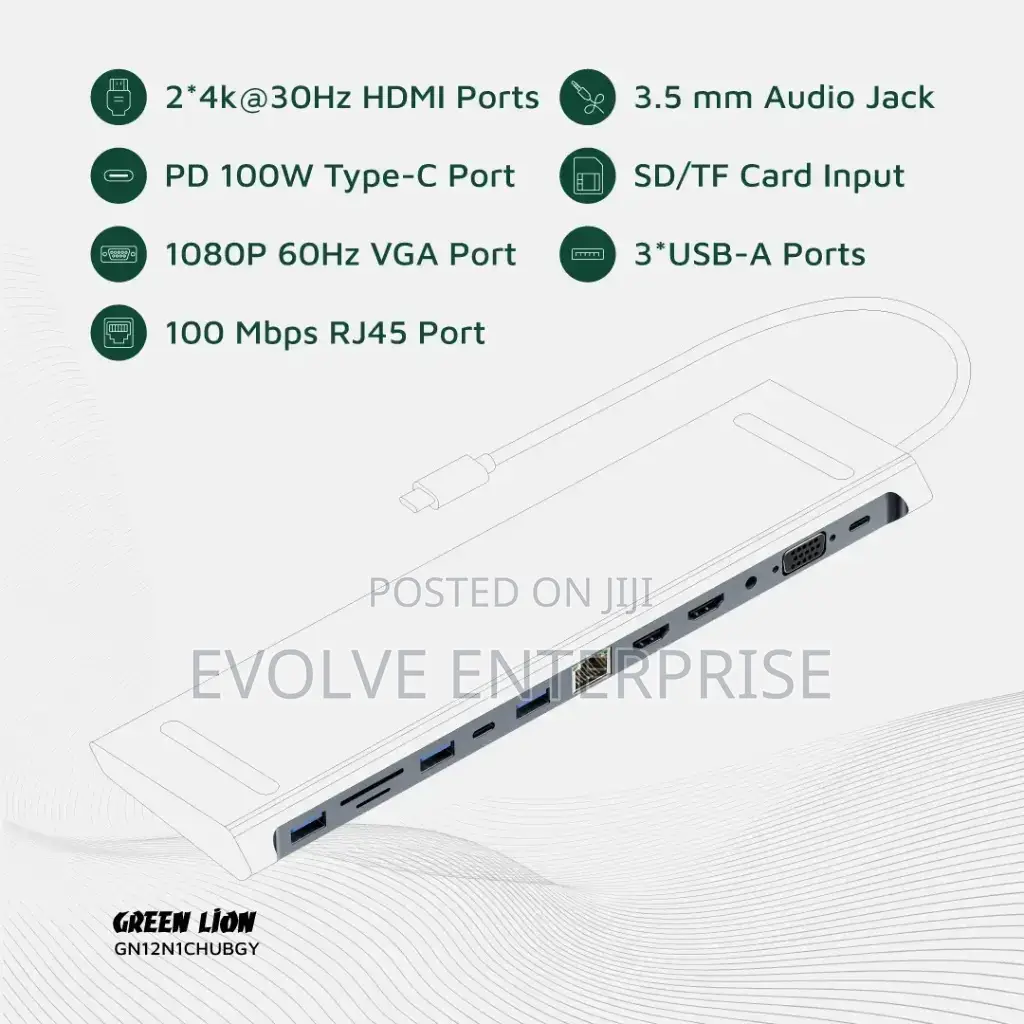 Green Lion 12-in-1 Hdmi Ethernet Usb-C Hub - Gray