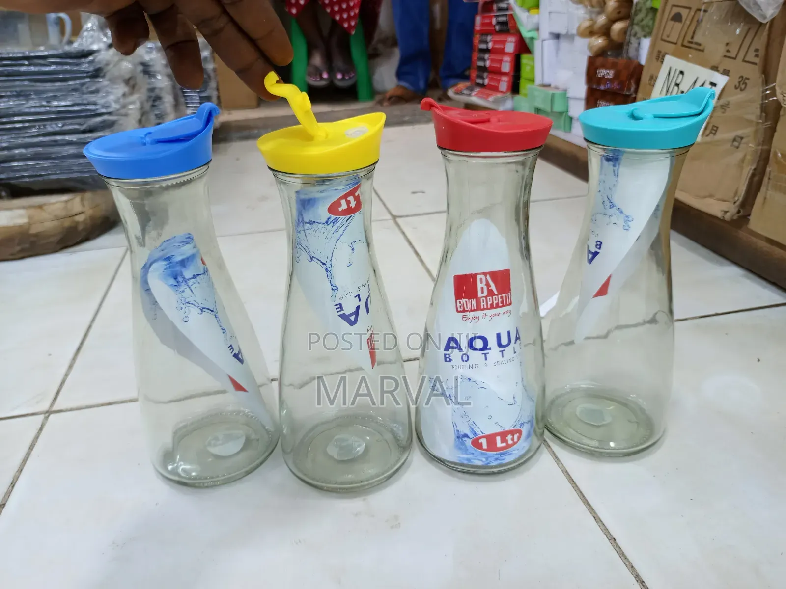 Bon Appetit Glass Water Bottle or Jug With a Yellow Plastic Lid