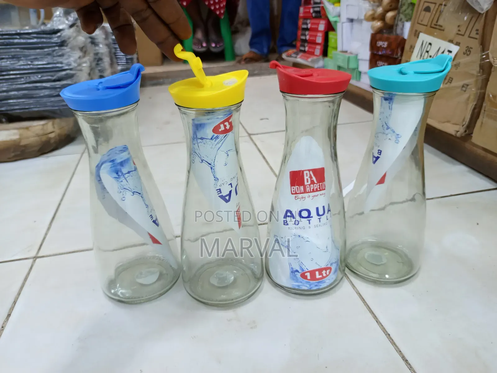 Bon Appetit Glass Water Bottle or Jug With a Yellow Plastic Lid