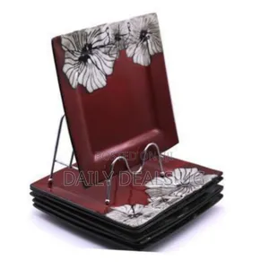 6 Pieces of Squared Floral Plates - Maroon