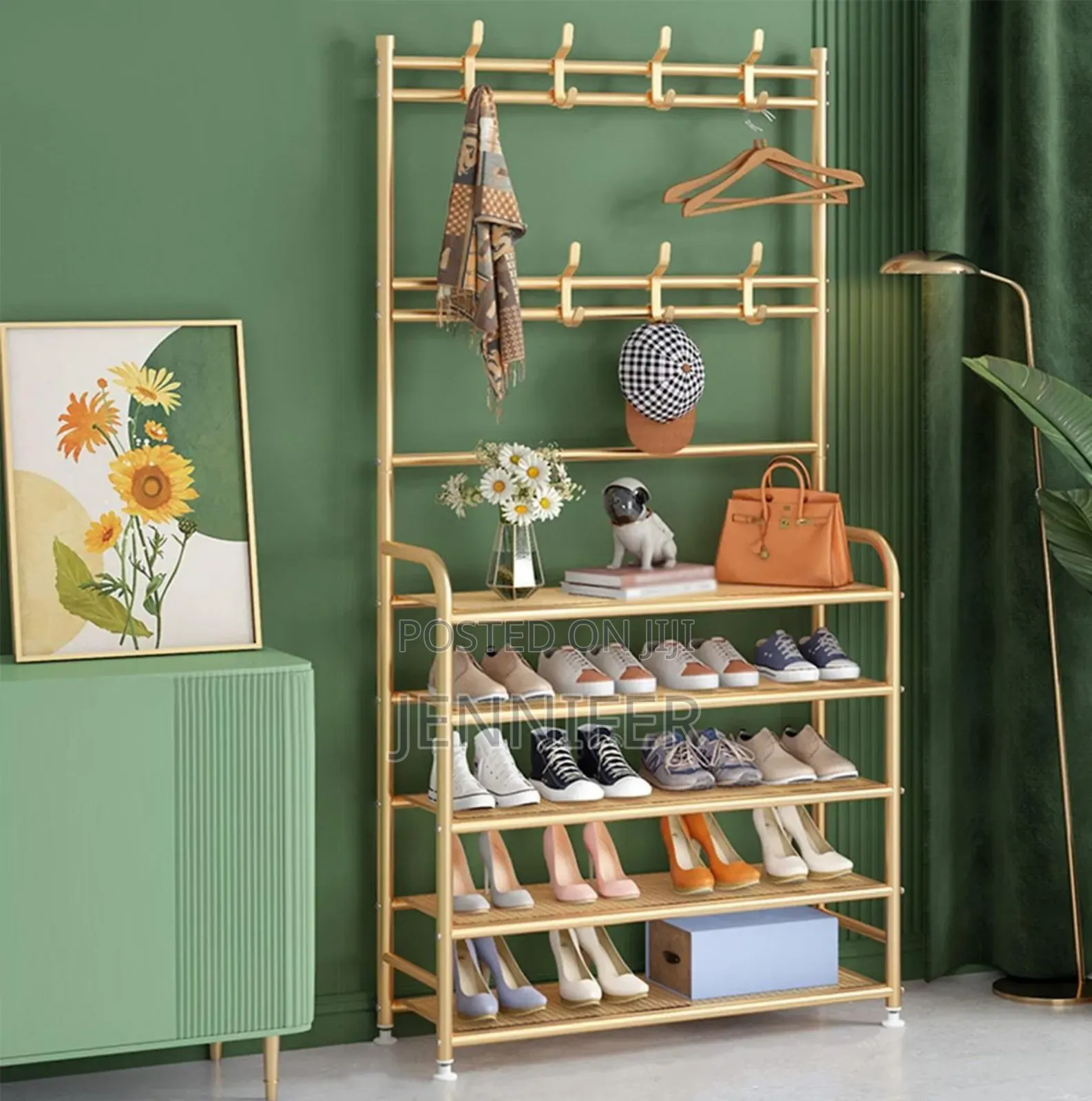 Fully Metallic Large Golden Shoe Rack With Coat Hanger