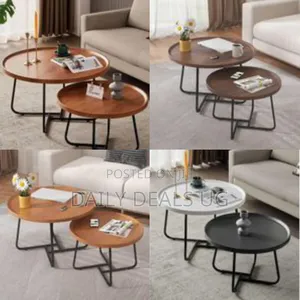 Industrial Rustic Wood Coffee Table Set of 2 Nesting Round End Tables