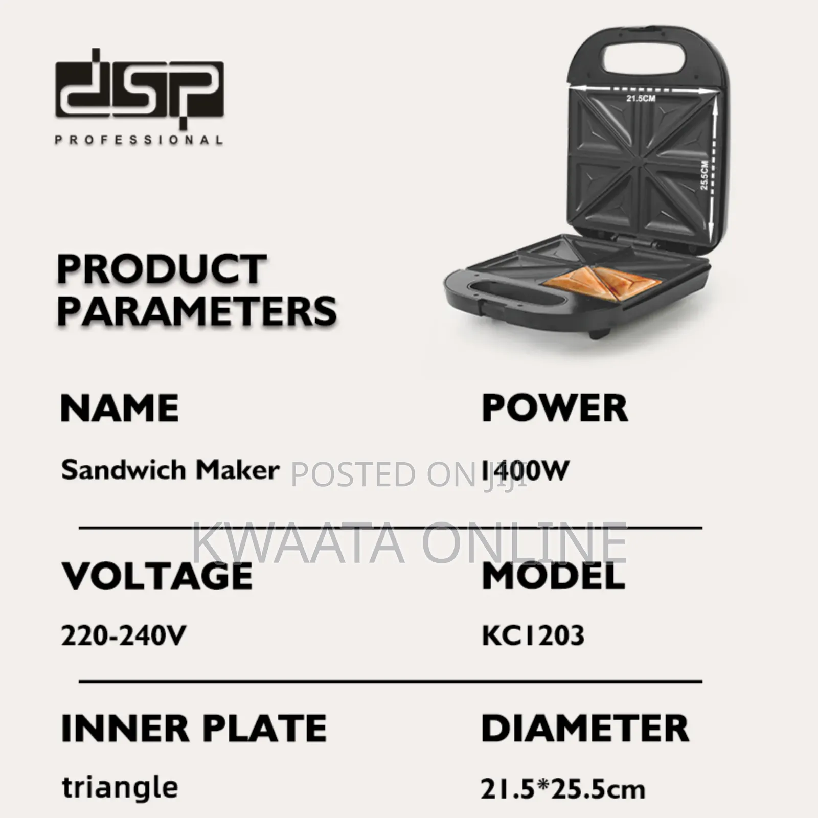 DSP Sandwich Maker 1400w Fixed Triangle Plates Thermostat Control