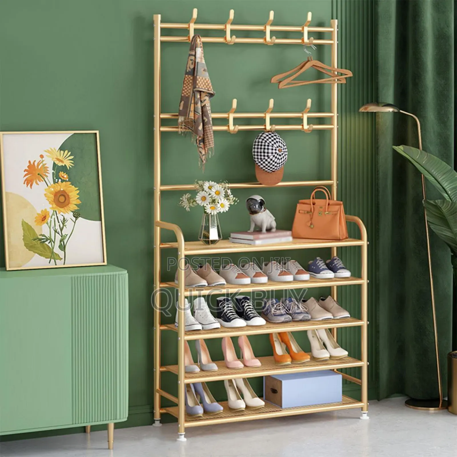 Fully Metallic Large Golden Shoe Rack With Coat Hanger