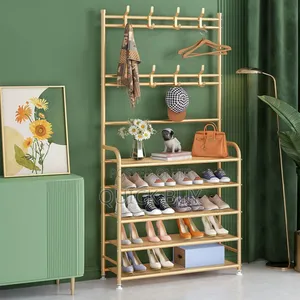 Fully Metallic Large Golden Shoe Rack With Coat Hanger