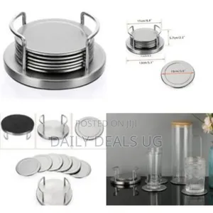 Set of 6 Stainless Steel Round Coasters With Holder Sponge Bottom