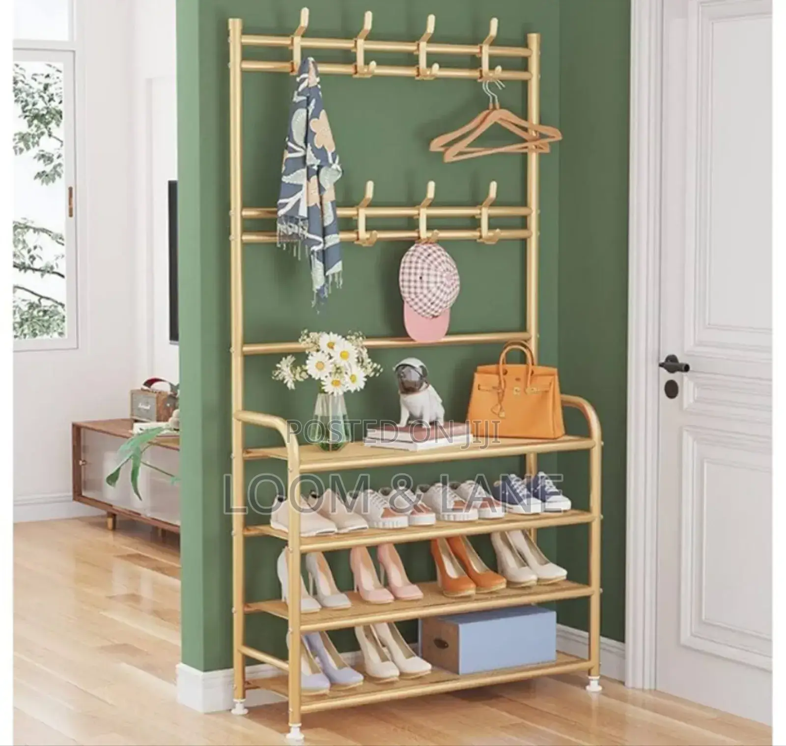 Fully Metallic Large Golden Shoe Rack With Coat Hanger