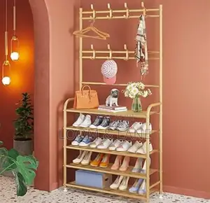 Fully Metallic Large Golden Shoe Rack With Coat Hanger