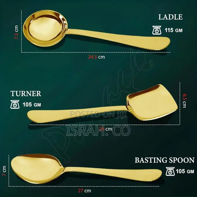 3 Pieces Stainless Steel Golden Serving Spoons Set