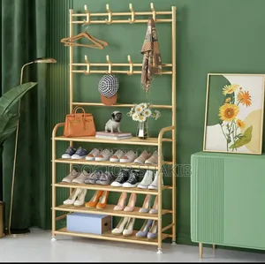 Strong Fully Metallic Large Golden Shoe Rack With Coat Hanger